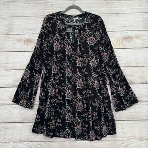 Others Follow Floral Shirt Mini Dress Womens Large Black Pink V-Neck Button Neck